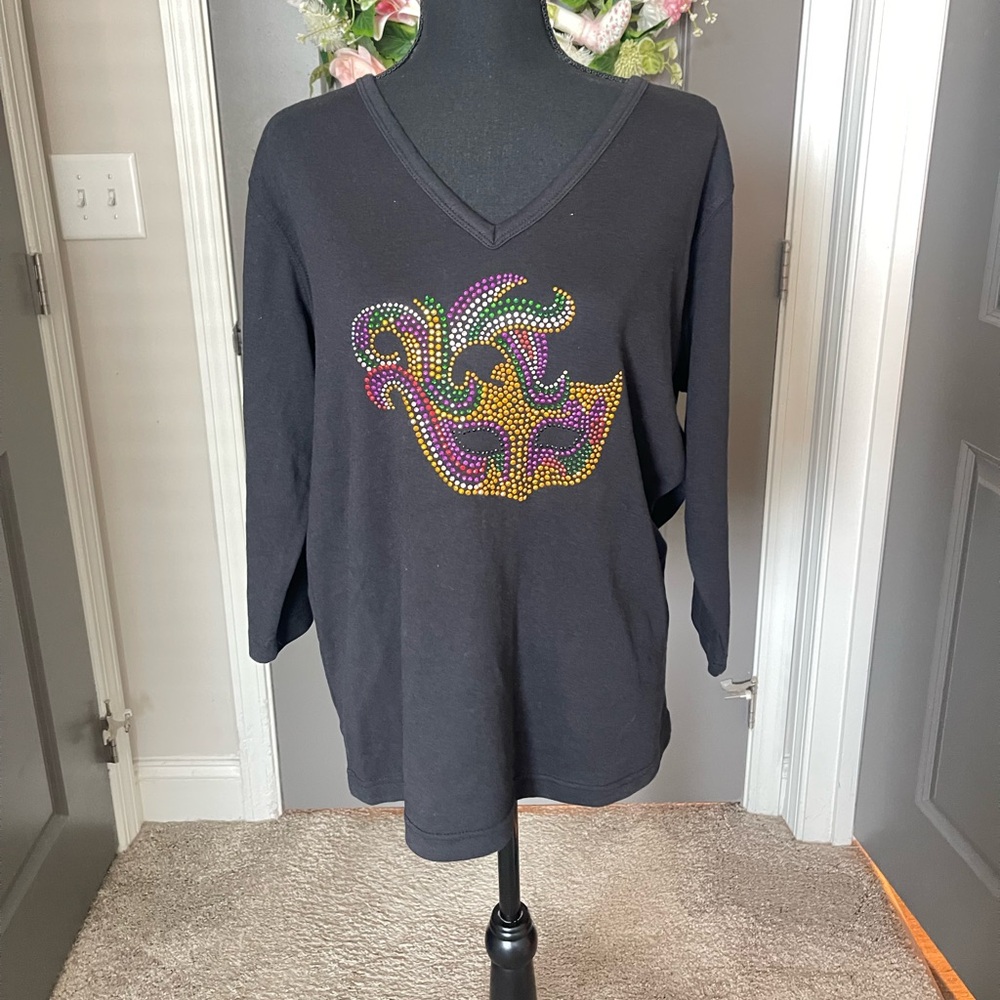 Black V-Neck Mardi Gras Top with Colorful Embellishments-Size Large